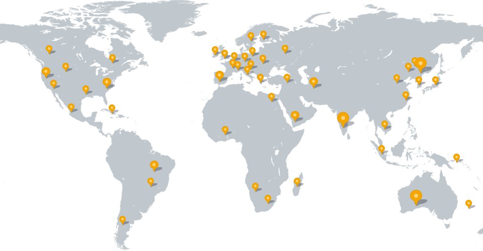Map of world pointing out places we have suppplied our mining machineries